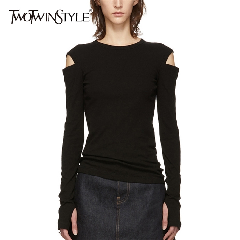 

Casual Sexy Women T-shirt O Neck Long Sleeve Hollow Out Off Shoulder Slim T Shirt Female Fashion Clothing 210524, Black