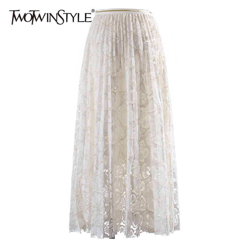 

Elegant Patchwork Embroidery Lace Skirt For Women High Waist Pleated Solid Skirts Female Fashion Clothing 210521, Black