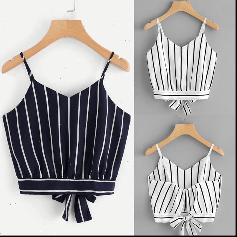

Women Tank Sexy Crop Tops Striped Tie Back Cami Casual Spaghetti Strap Print Bow Vest Knot Cropped Feminino, White