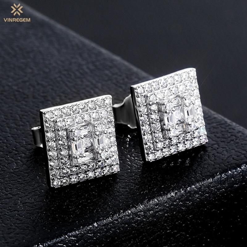 

Stud Vinregem Hip Hop Rock 100% 925 Sterling Silver Created Moissanite Fashion Full Diamond Cube Ear Studs Earrings Punk Fine Jewelry, Golden;silver