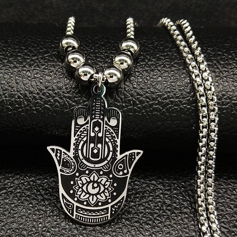 

Pendant Necklaces Blace Stainless Steel For Women Lotus YOGA Hamsa Hand Long Necklace Jewelry Collier Ethnique N745S05