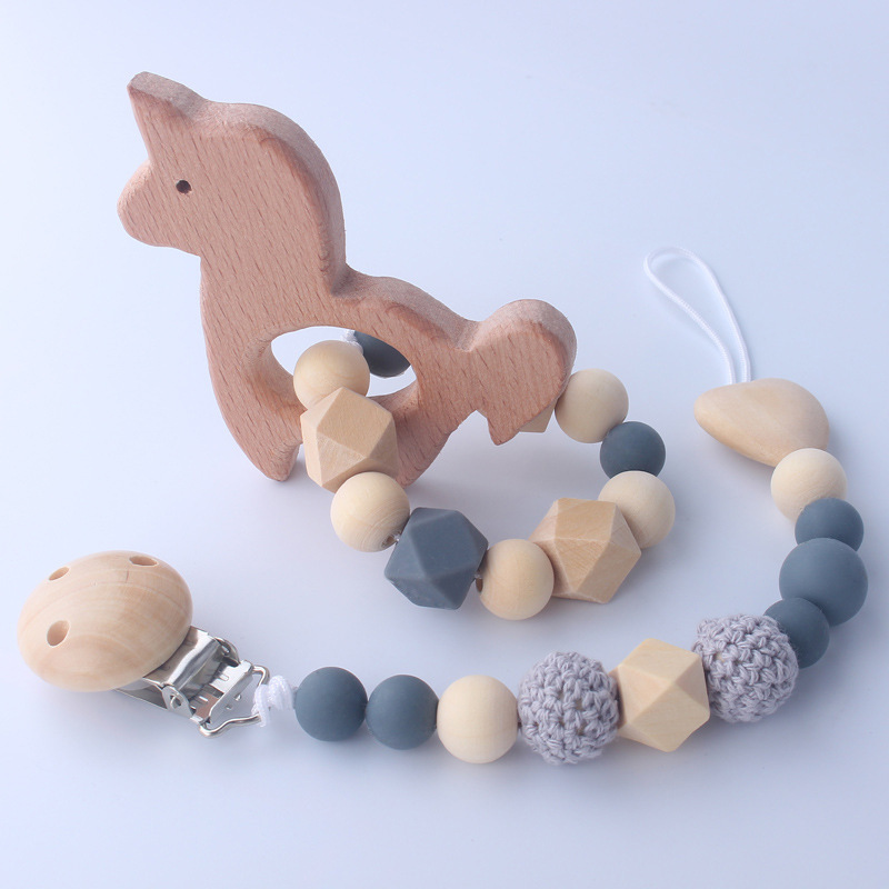 

Natural Wooden Silicone Baby Teether Organic Wood Bead Pacifier Clip Crochet Rattle Teething Ring Sensory Toy