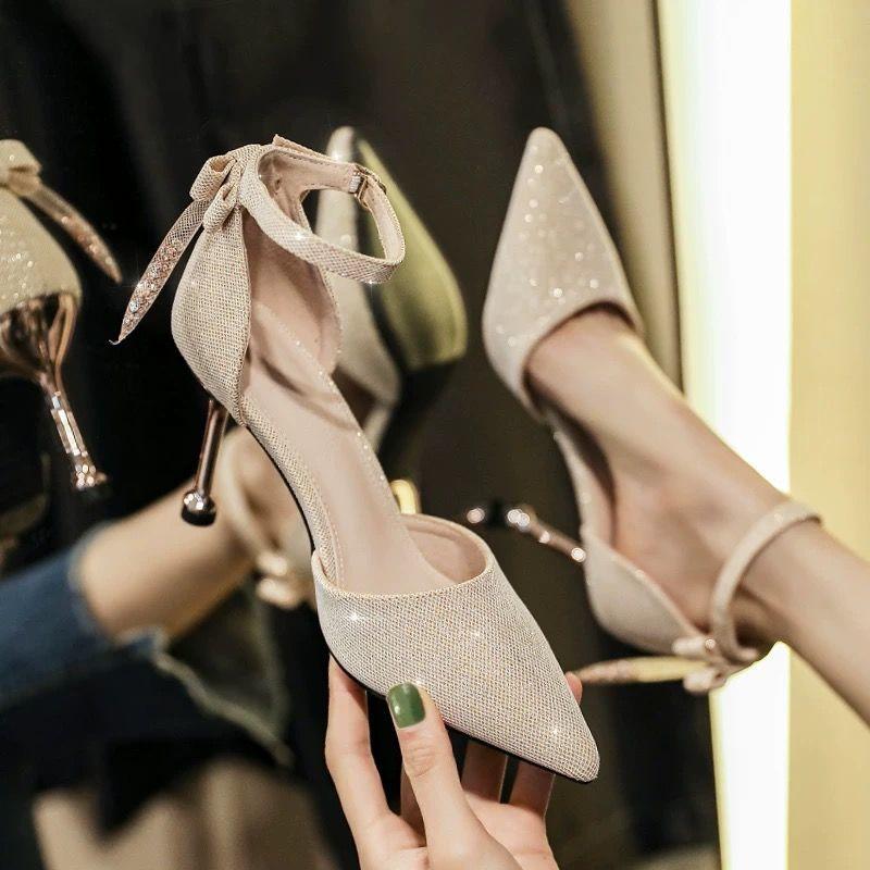 

Dress Shoes Women's High Heels Stiletto 2021 Autumn Style Pointed Banquet Buckle With Bowknot Hollow Single Women, Gold-6cm