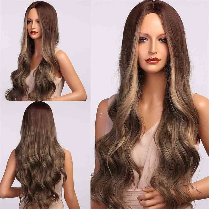 

MARGU Long Body HENRY Wavy Synthetic for Women Natural Ombre Dark Brown Blonde Highlight Hair Wigs Heat Resistant Daily Wig, Lc5203-1