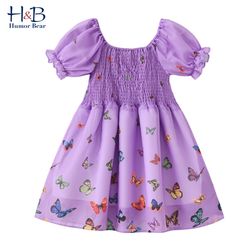 

Girls Dress Summer Puff-Sleeve Cartoon Butterfly Printed Princess Toddler Kids Clothes 210611, Bz2648-pink