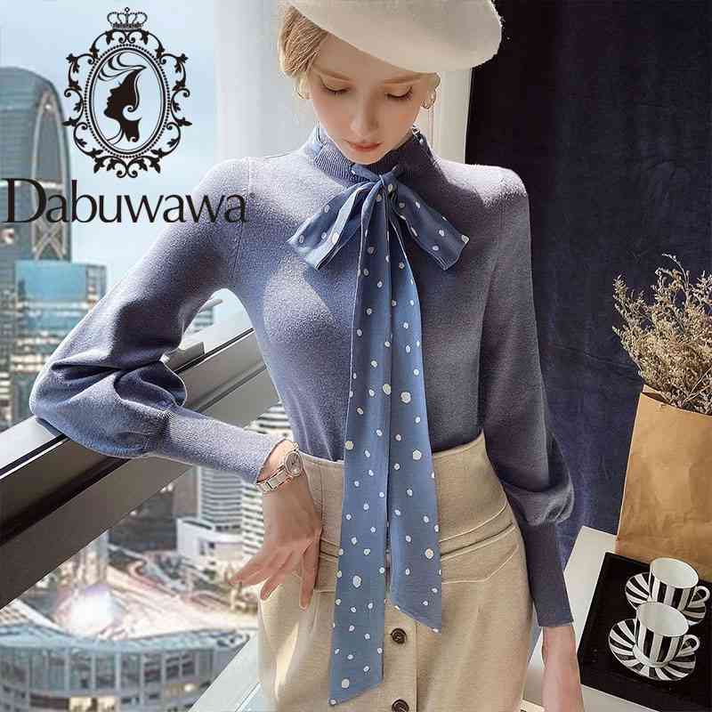 

Dabuwawa Dot Lace Up Bow Neck Pullover Sweater Women Autumn Winter Lanter Sleeve Solid Knit Sweaters Female Slim Fit DT1DKT016 210520, Blue