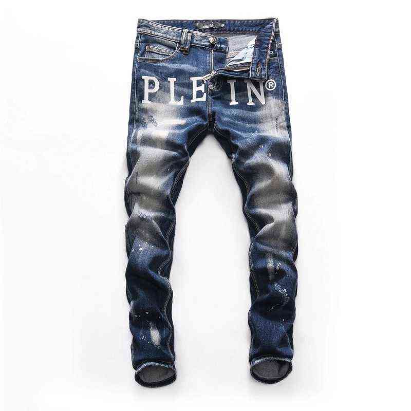 

European Style Men plein Brand Blue Jeans Mens Slim Denim Trousers plein Skulls Jeans Straight Stretch Jeans Pants for Men 8265 H1214
