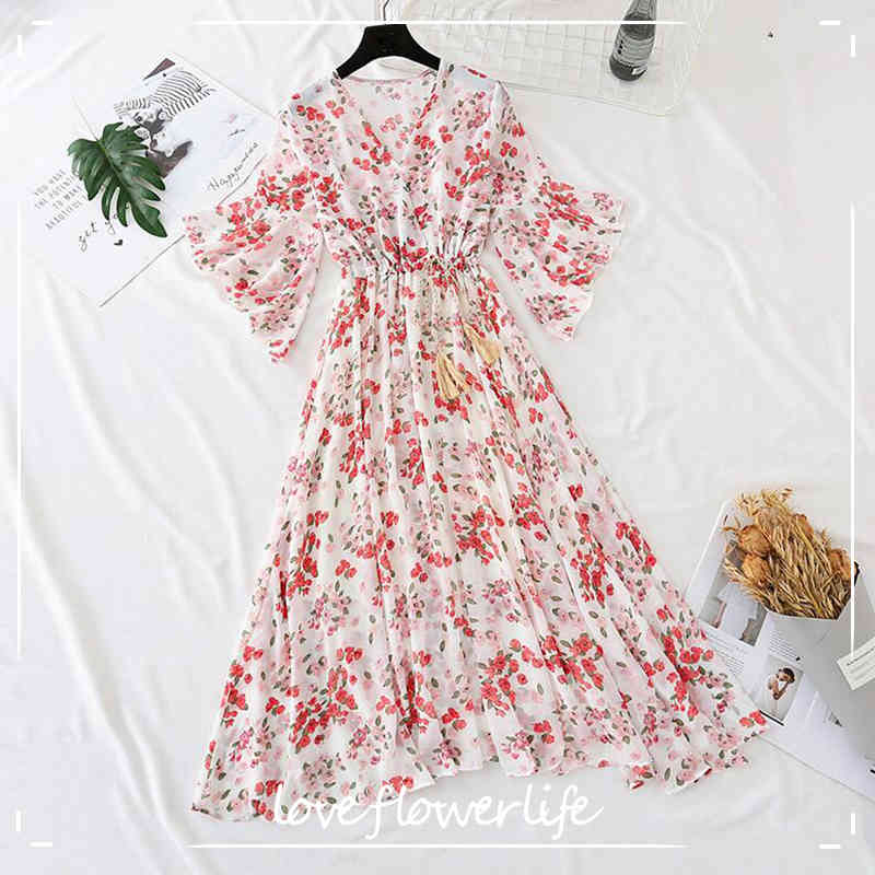 

Floral Print Chiffon Dress Women Summer Short Sleeve V-neck Ruffle A-line Long Dress Elastic Waist Vintage Femme Vestidos 210521