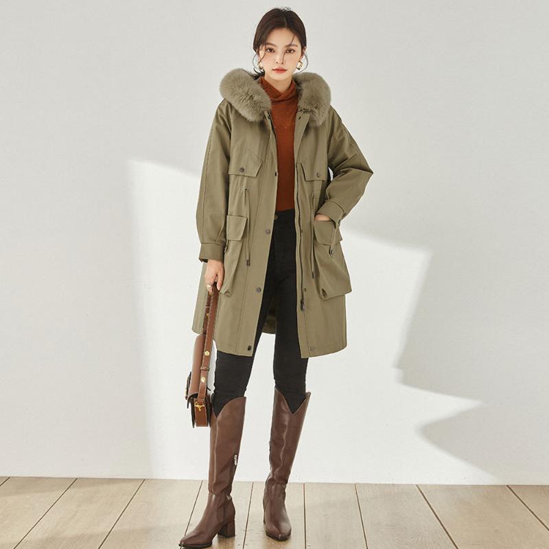 

Women' Fur & Faux Real Coat With Hat Women Winter Jacket Luxury Clothes Rex Lined Long Parkas Black Streetwear Genuine, Army green