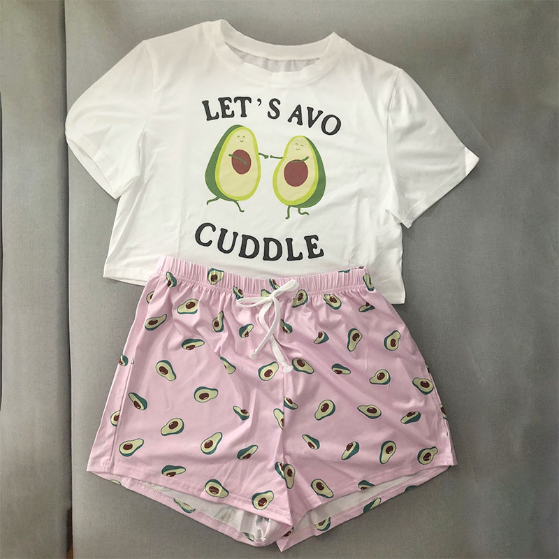 

2021Womens Sleepwear Cute Cartoon Print Short Set Avocado Pajamas for Women Pajama Set Sweet Short Sleeve Summer Pijama Pyjama Set, Black;red