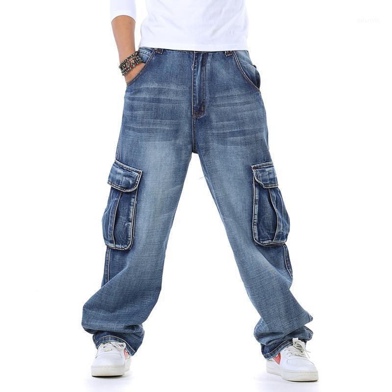 

Spring And Autumn Fat Man Large Size Fashion Multi Pocket Wide Edition Jeans Nzk Men's Pants Loose, Light blue