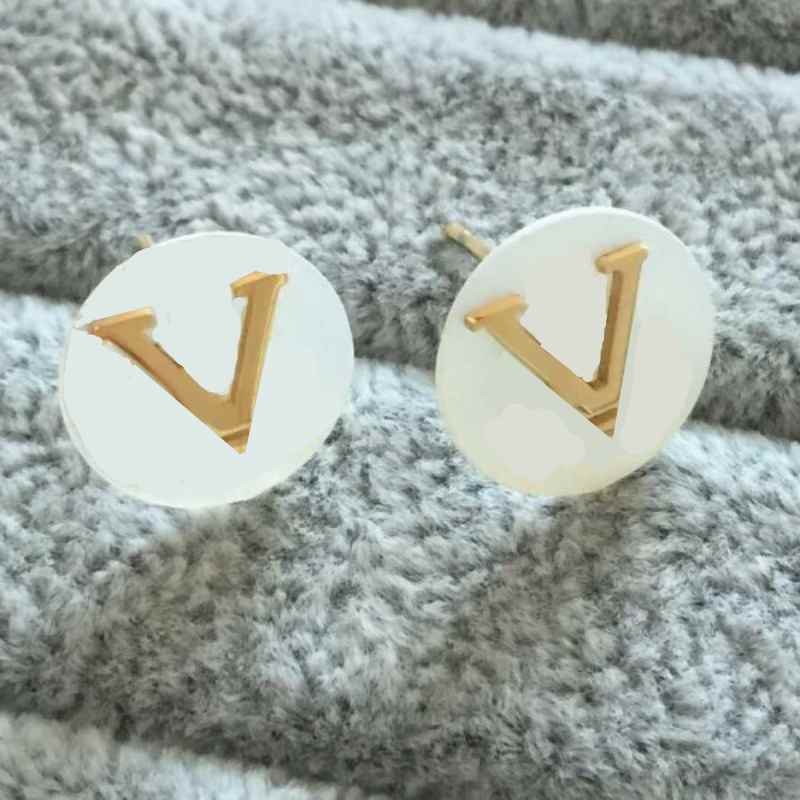 

White Shell Top Quality Stainless Steel Luxurious Studs Gold Plated V Letter Women Designer Earrings Cute Trendy Jewelry