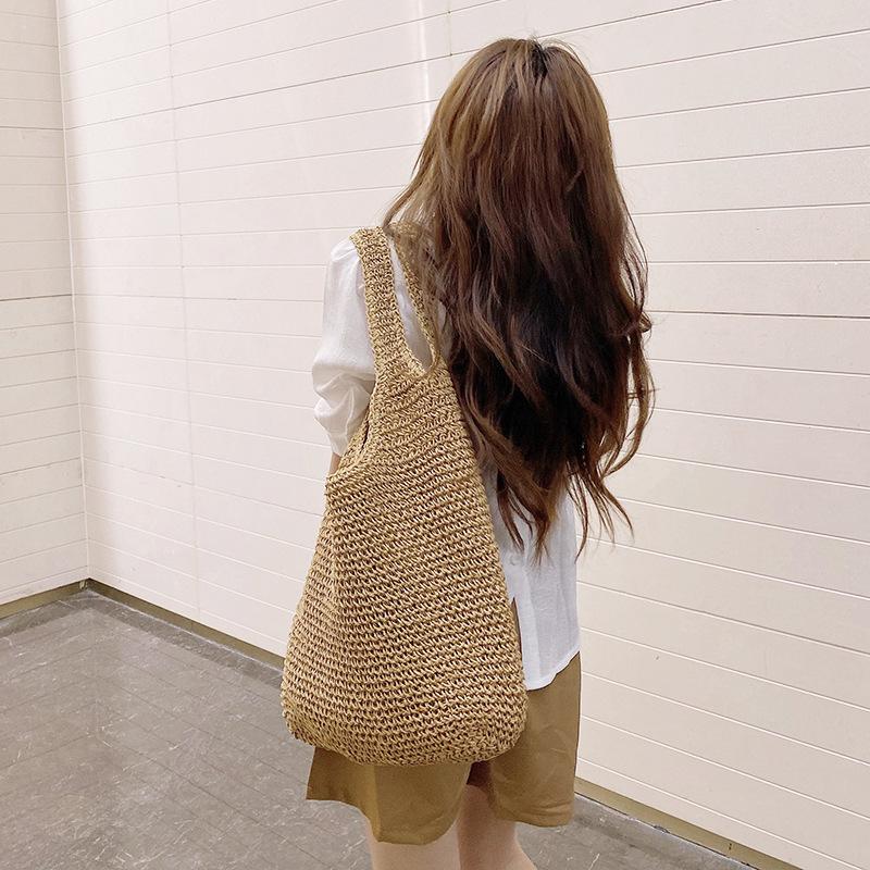 

Fashion Rattan Women Shoulder Bags Woven Female Handbags Large Capacity Summer Beach Straw Casual Tote Purses, Beige
