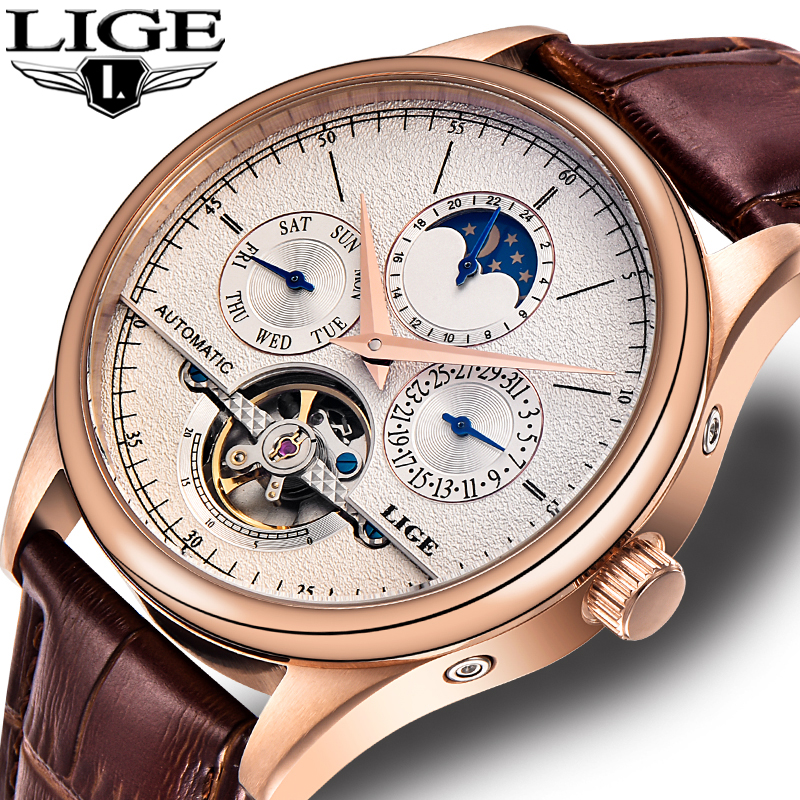 

LIGE Brand Classic Mens Retro Watches Automatic Mechanical Watch Tourbillon Clock Genuine Leather Waterproof Military Wristwatch, Gold white