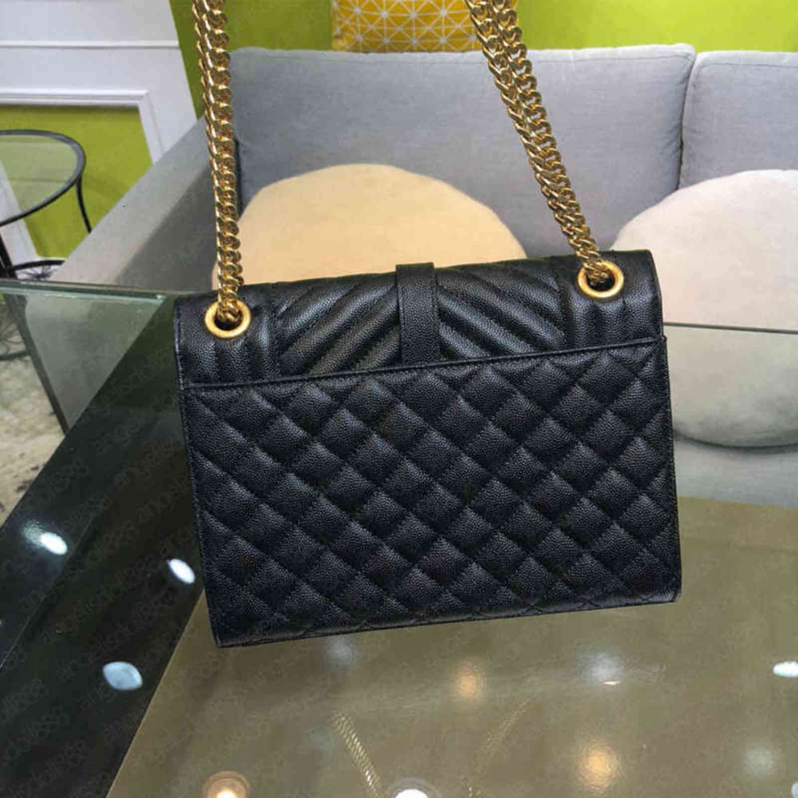 

7A Fashion chevron quileted chain envelope bag black women shoulder crossbody handbag calfskin French official original imported leather, Box