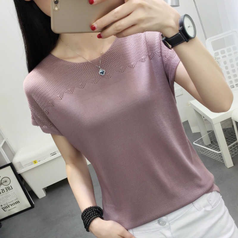 

Blusas Mujer De Moda Hollow Knitted Blouse Women Short Sleeve Shirts Summer Women Blouses Womens Tops And Blouses B485 210602, Khaki