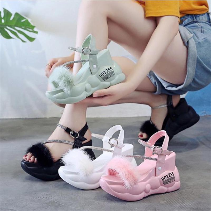 

Sandals Wedge Heel Platform Rhinestone Hairy Women 2021 Summer Style Korean Thin Strap Cross Buckle High Heels, Black