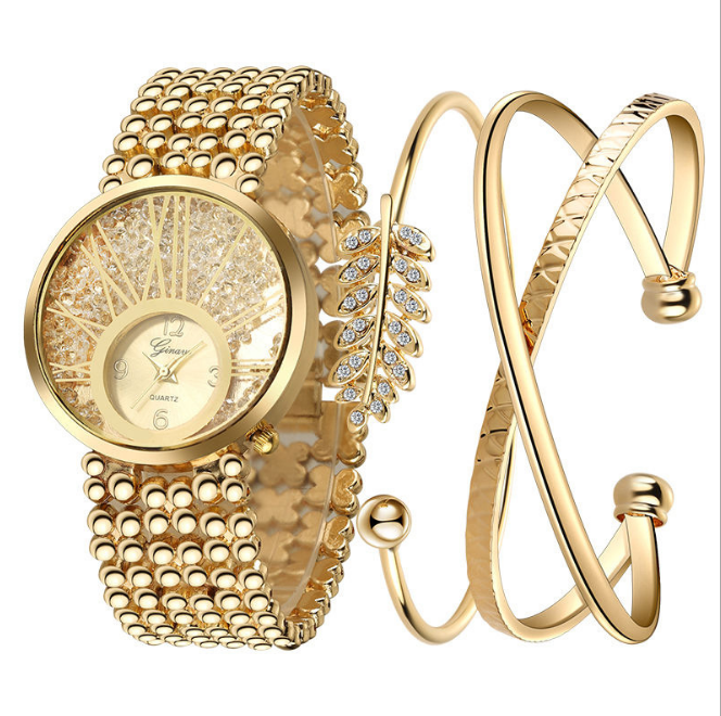 

GINAVE European and American Diamond Quartz Womens Watch 18K Gold Leaf Bracelet Casual Set Exquisite Wrist Watches, No send watch for shipping