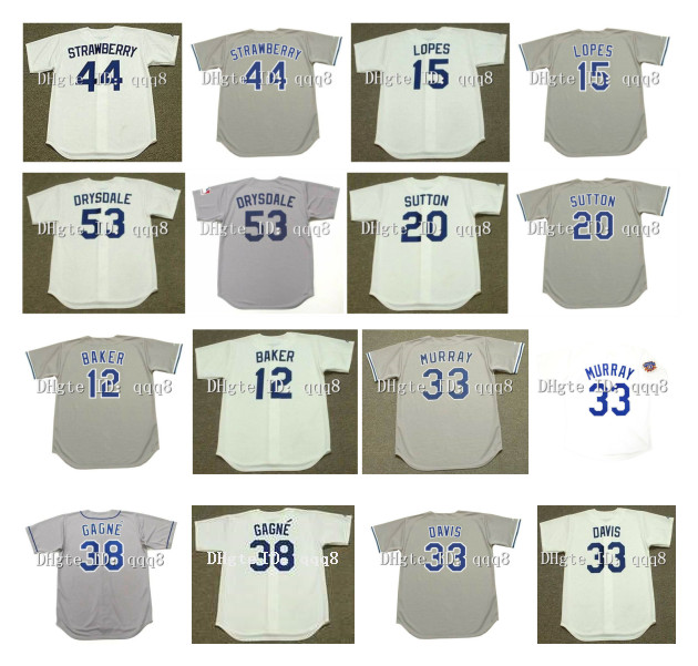 

Throwback Dodgers Baseball Jersey 44 DARRYL STRAWBERRY 15 DAVEY LOPES 53 DON DRYSDALE 20 DON SUTTON 12 DUSTY BAKER 38 ERIC GAGNE 33 ERIC DAVIS White Grey, As pic