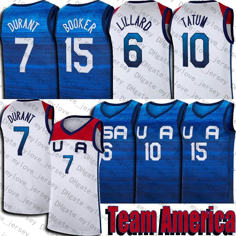 

Summer Olympics Team USA Jersey Devin 15 Booker Kevin 7 Durant Jerseys Damian 6 Lillard Jayson 10 Tatum Jersey White Blue