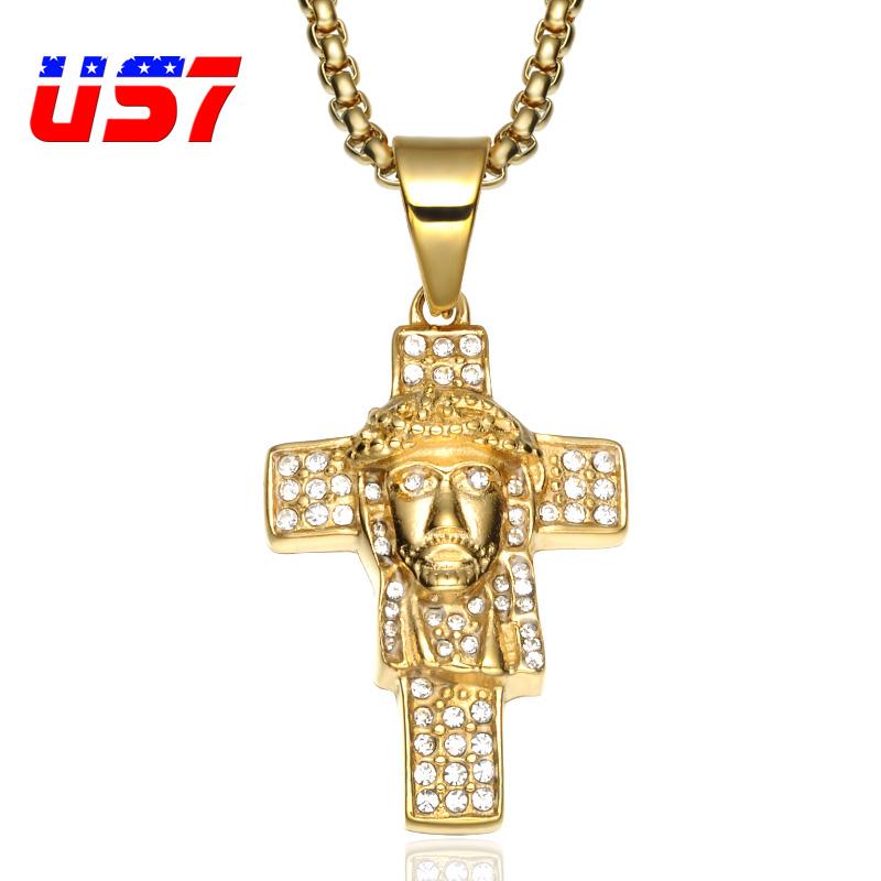 

Pendant Necklaces US7 Bling Iced Out Jesus Necklace Gold Color 316L Stainless Steel For Men Jewelry Gifts