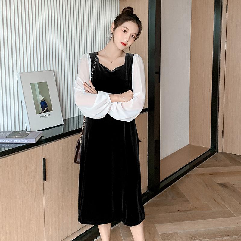 

Maternity Dresses 1971# 2022 Spring Korean Fashion Patchwork Velvet Dress Elegant A Line Chic Ins Clothes For Pregnant Women Pregnancy, White