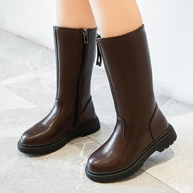 

Boots Girls High Soft Baby Plus Velvet Black Autumn And Winter Cotton Princess Quality Microfiber Long, Brown.
