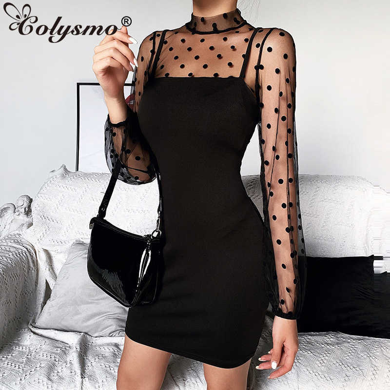

Colysmo Polka Dot Mesh Elegant Dress Women Puff Sleeve See Through Bodycon Spring Club Sexy Party es Vestidos 210527, Black