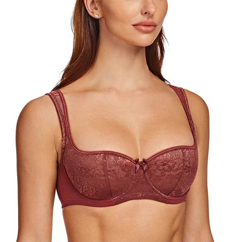 

MELENECA Women's Balconette Bra with Padded Strap Half Cup Underwire Sexy Lace 211110, Cabernet red03