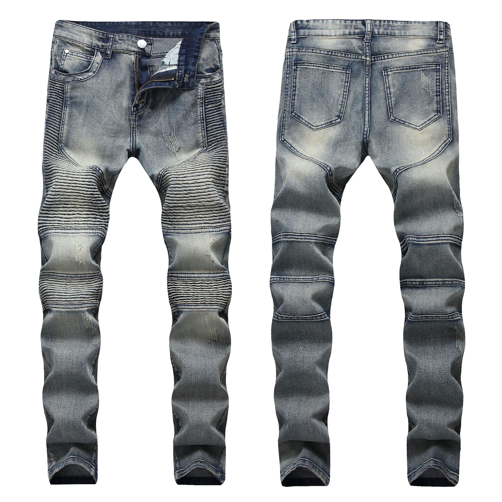

Autumn Mens Ripped Jeans Slim Fit Denim Pants Tiedye Men Pleated Motorcycle Biker Hip Hop Strech For Man, Blue