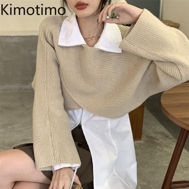 

Women's Sweaters Kimotimo Women Knitted Pullover Korean Chic Simplicity Cross Design O-neck Cropped Sweater Autumn Winter Overlap Long Sleev, White;black