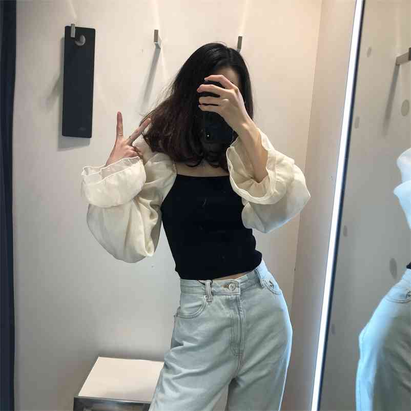 

Spring French square neck puff sleeve mesh stitching thin knit sweater short top women 210603, Black