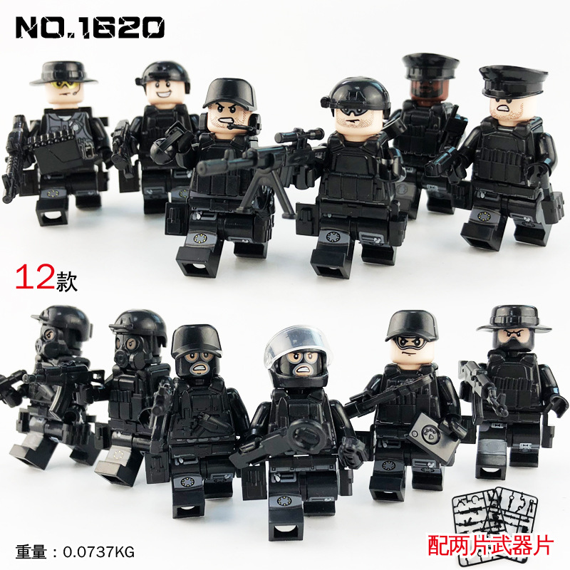 12pcs Bag 1620 City Black minifigs Doll Military Police Minifigure Children's Building Block Accessories Gift Toy-image-754775034