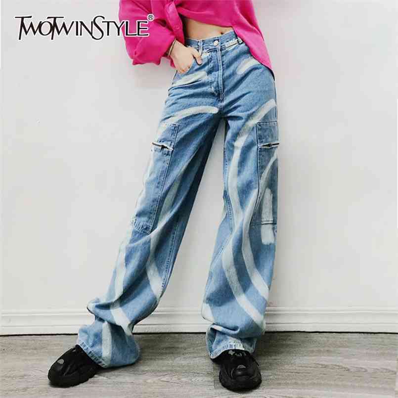 

Hit Color Print Denim Trousers For Women High Waist Patchwork Pockets Wide Leg Pants Female Spring Fashion 210521, Aspicture