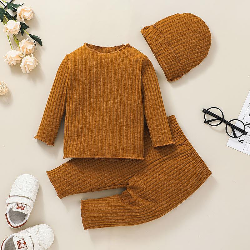 

Clothing Sets Spring And Autumn Baby Cotton Long Sleeve Suit Boys Girls Solid Color Pit Strip Two-piece Born Crawling + Hat, White