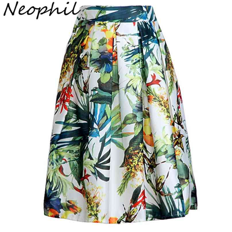 

Neophil Fashion Tropical Floral Print High Waist Fluffy Pleated Saias Flare Satin Tutu Midi Skater Skirts Womens S07047 210629