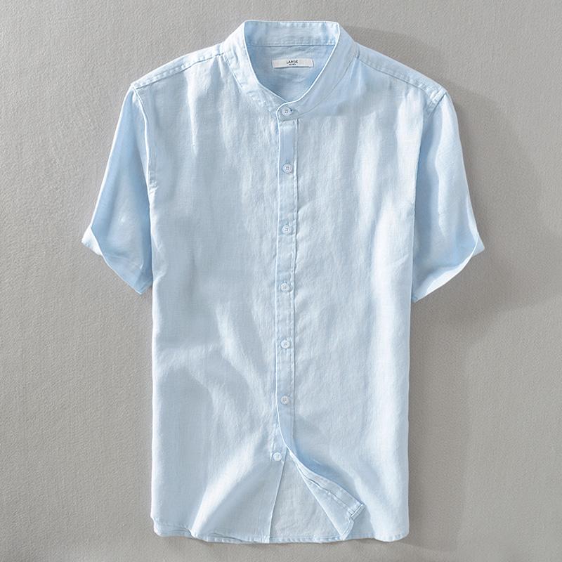 

100% Linen Stand Collar Blue Shirts Men Brand Summer Shirt Short Sleeve Casual For Solid Fashion Male Men's, White