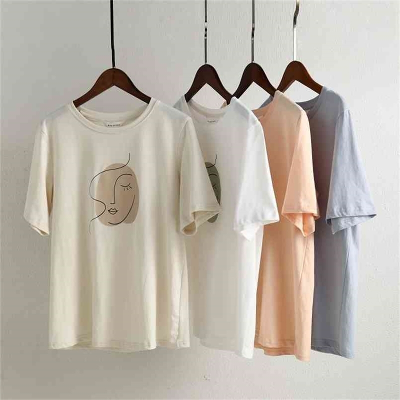 

Toppies Summer T-shirts Woman Short Sleeve Tops Tee Korean Girls Abstract Printing Chic Art Design 210708, Pink