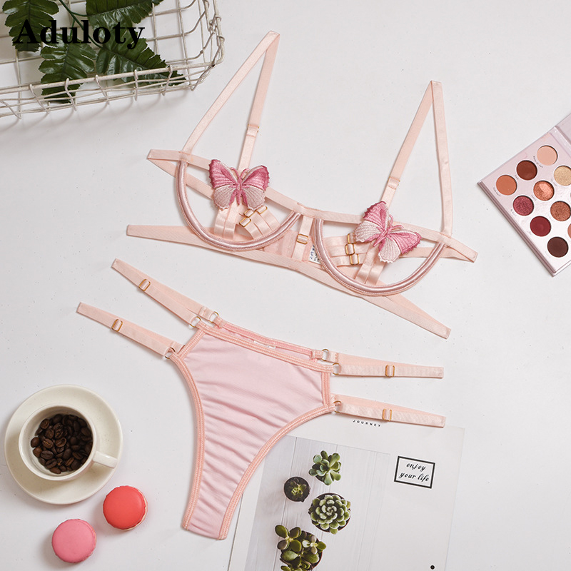 

Aduloty New ladies sexy butterfly applique lingerie set underwire gathering hollow bra set sexy thong see-through underwear set, Red