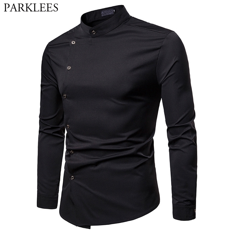 

Black Mandarin Collar Slant Button Shirt Men Slim Fit Long Sleeve Tuxedo Dress Casual Wedding Chemise Homme 210721, White