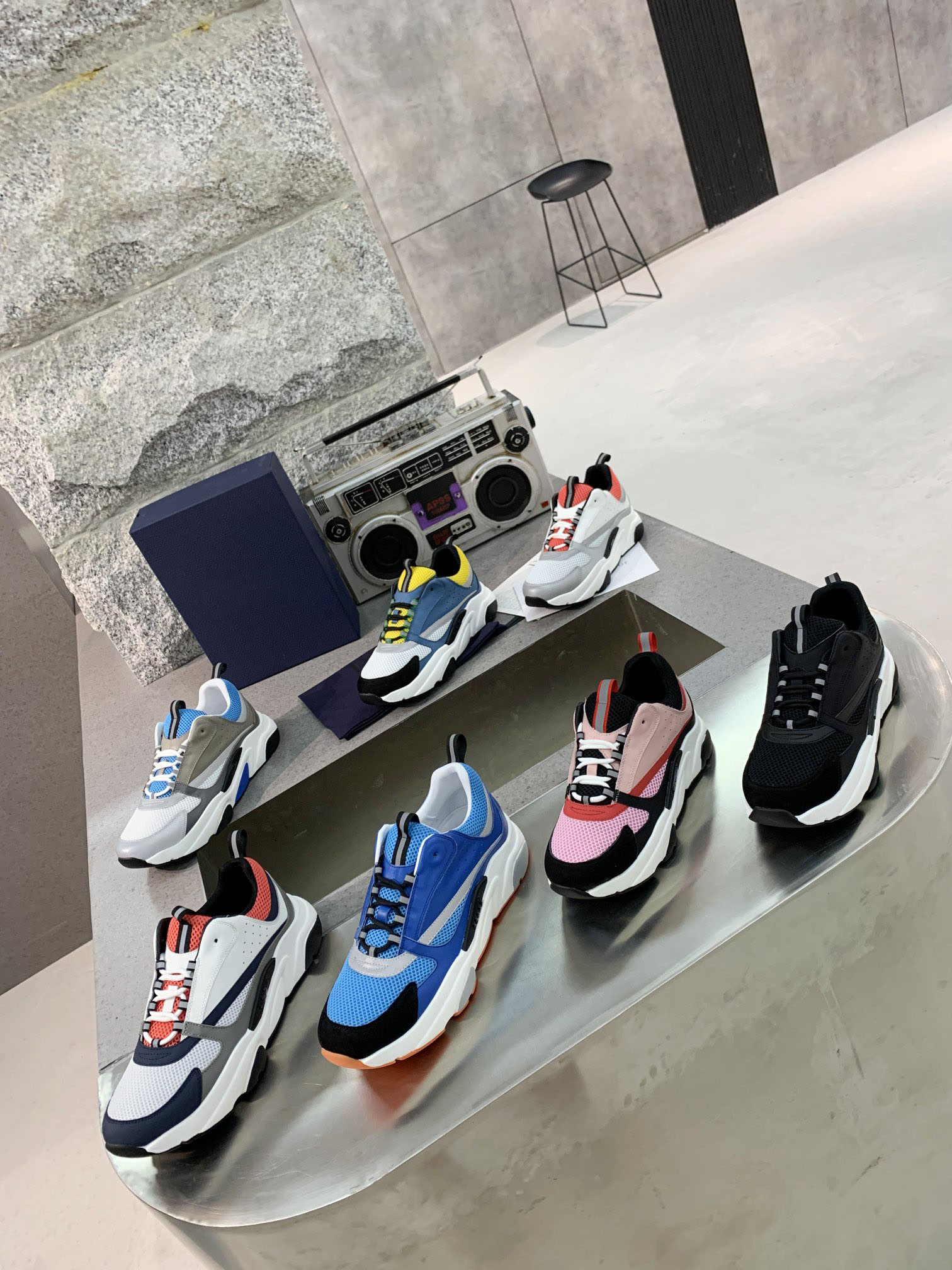 

B22 Sneaker shoes White Leather Calfskin Sneakers Men Lace-up Top Technical Knit Women Reflect Platform Blue Grey Run Trainers shoe, Color 18