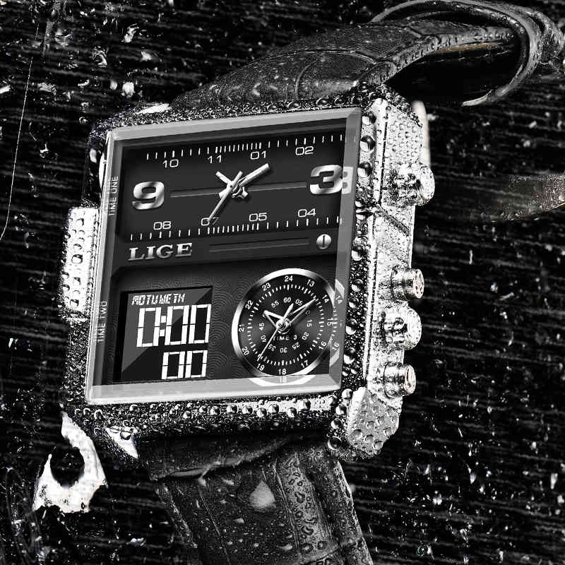 

LIGE Sport Watches Mens Top Luxury Brand Waterproof Wristwatch Men Quartz Analog Military Digital Watches Relogio Masculino 210517, Leather brown silver