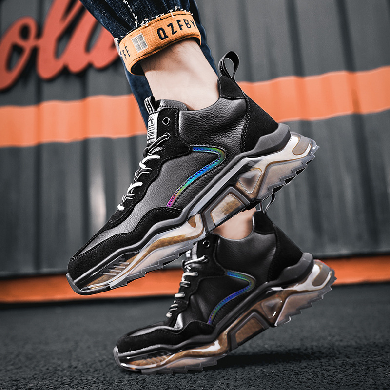 

Brand New Men Sneakers Patchwork Leather Spring Autumn Fashion Youth Casual Sport Leisure High Top Flat Tide Shoes, Black