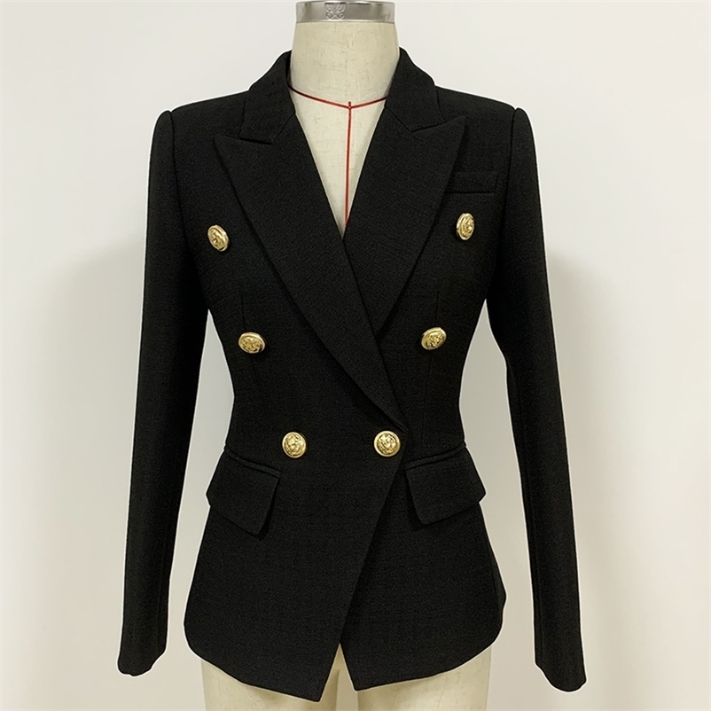 

Spring est Baroque Designer Women Classic Lion Buttons Double Breasted Slim Fitting Textured Blazer Jacket ML307 210525, Black