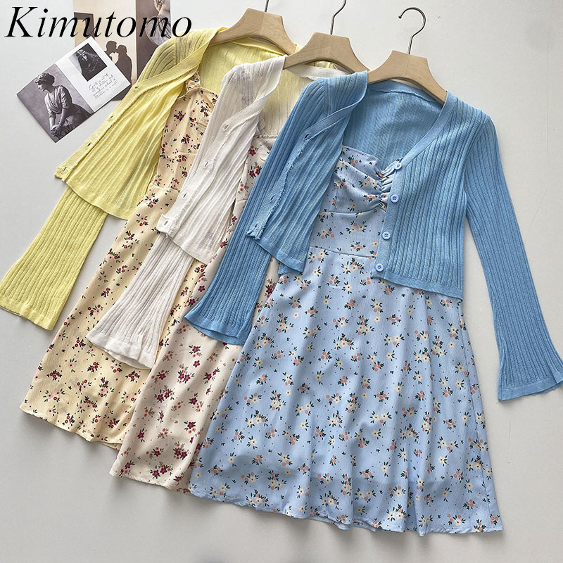 

Kimutomo Women Suit Elegant Summer Korean Fresh Flower Sling Dress Thin Female Long Sleeve Sunscreen Top Two-piece Set 210521, White