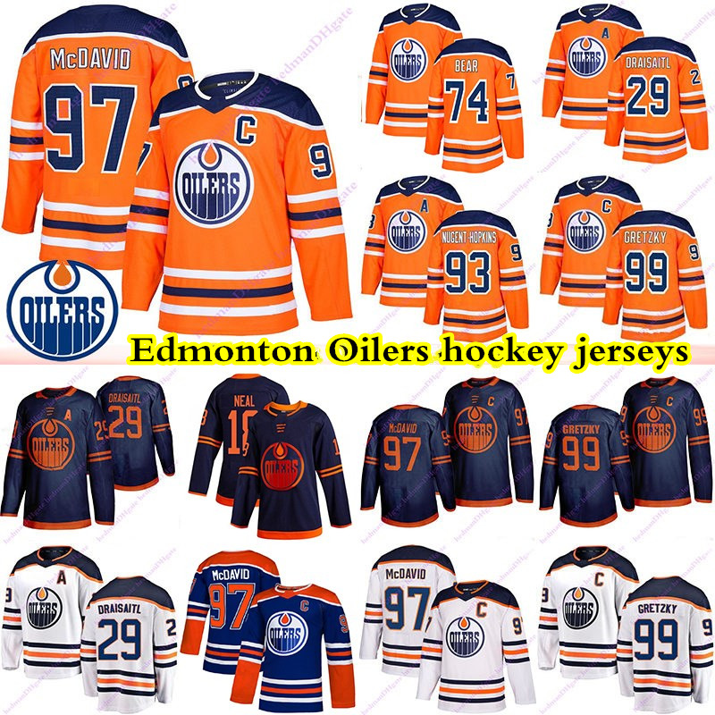 

Edmonton Oilers jerseys 97 Connor McDavid 99 Wayne Gretzky 74 Ethan Bear 29 Leon Draisaitl 93 Nugent Hopkins 18 Neal Hockey jersey, Orange 29