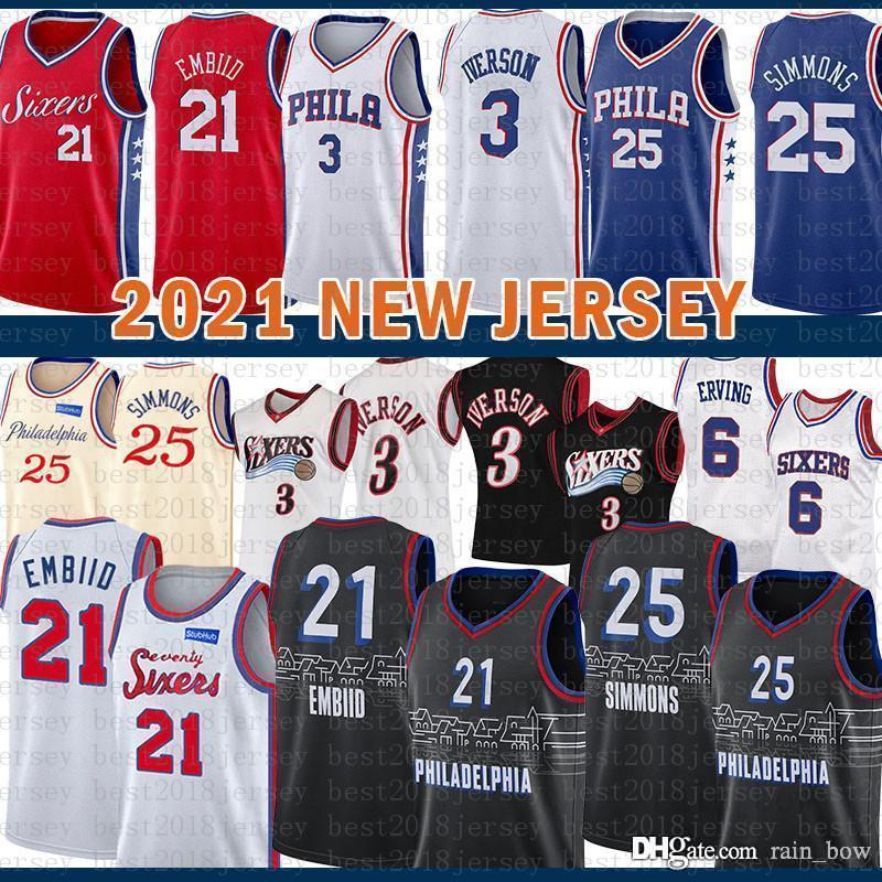 

2021 New Basketball Jersey Mens Philadelphia 76er jersey Allen 3 Iverson Joel 21 Embiid Ben 25 Simmons Julius 6 Erving Multi, Black;red