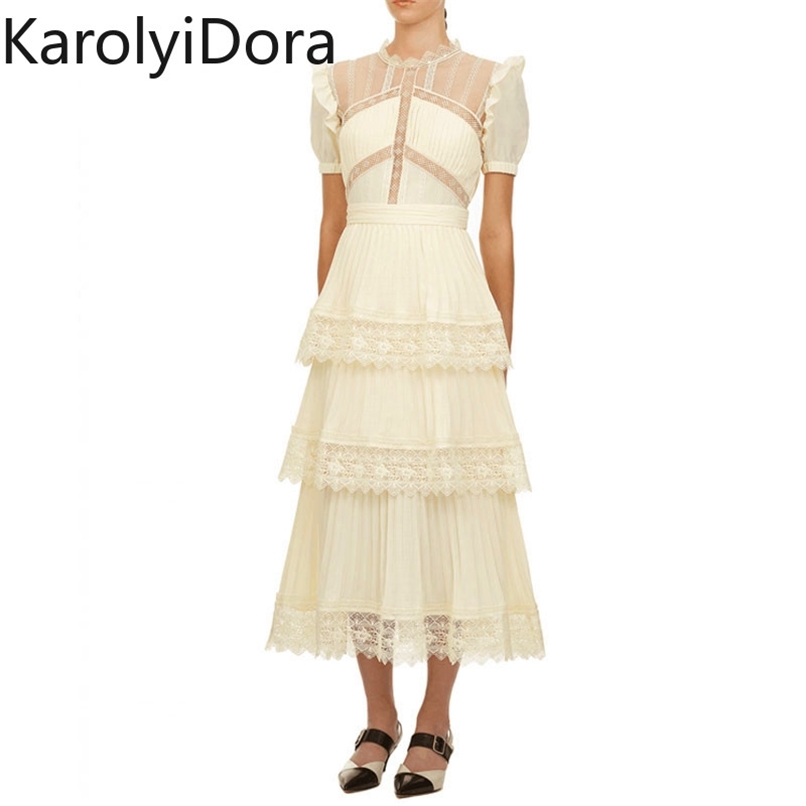 

Summer Self Portrait Beige Pleated Dress Women Short Sleeve Lace Patchwork Cascading Ruffles Long Female Layer Cake 210520