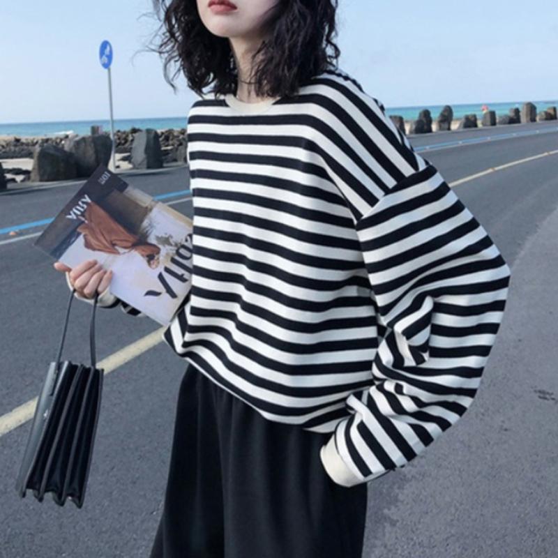 

Women's Hoodies & Sweatshirts Stripe Sweatshirt Women Pullover Autumn Knit Sweater Korean Style Long Sleeve Loose Streetwear Harajuku Tops, Black