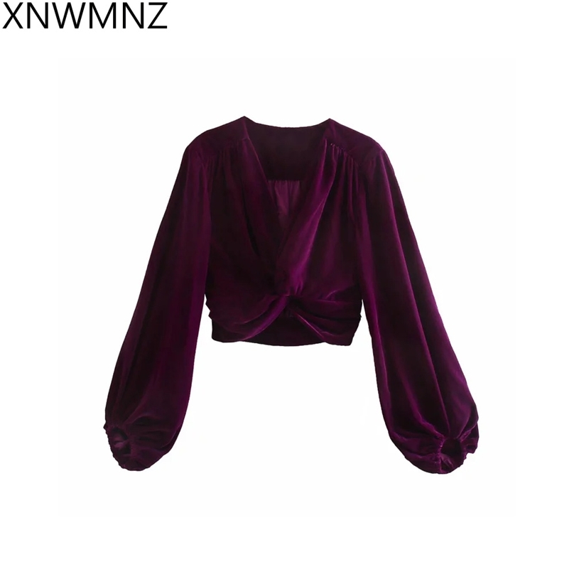 

women women's blouse Fashion velvet top with knot vintage Cropped V-neck Smock Blouse Kimono long sleeve Shirt Blusas 210520, Purple